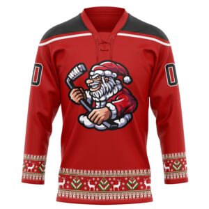 Custom Red Black-White Christmas Santa Claus 3D Hockey Lace Neck Jersey