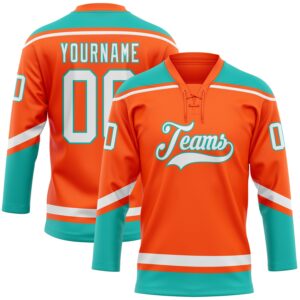Custom Orange White-Aqua Hockey Lace Neck Jersey