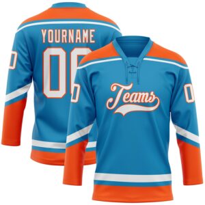 Custom Panther Blue White-Orange Hockey Lace Neck Jersey